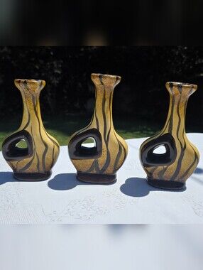 VTG Mid-Century Modern Yellow & Black Pierced Ceramic Candlestick Trio - As Is